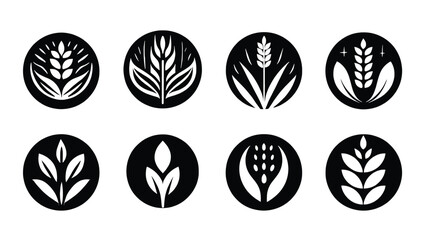 Vector art of eight unique wheat icons in a circle, isolated on white background, perfect for logo design and branding