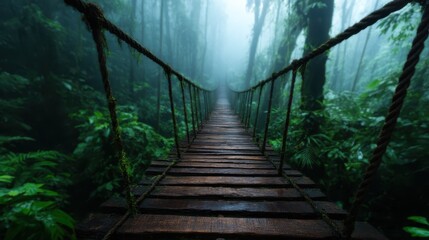 A captivating view of a misty forest with a wooden bridge disappearing into the fog. The dense greenery enhances the sense of mystery and adventure in nature.