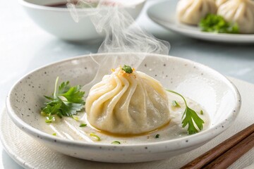 Three dumplings are steaming in a bamboo basket