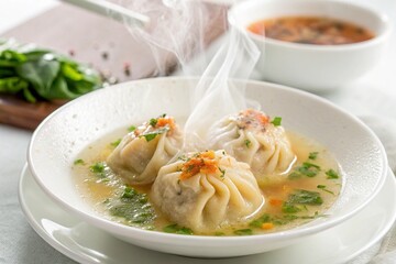 Three dumplings are steaming in a bamboo basket