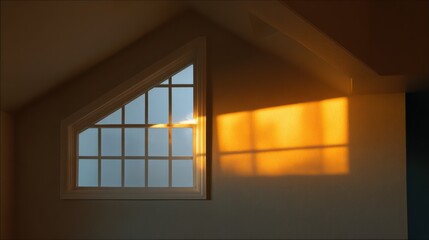 Cape Cod dormer gable lit by reflected golden-hour sun from nearby window warm bounce cold ambient shadows in