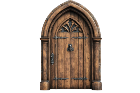 Mystical Wooden Doorway Portal Illustration Fantasy Entrance with Gothic Arch and on transparent background
