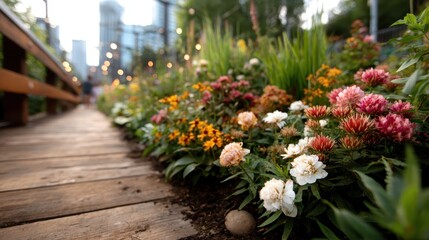 A picturesque wooden pathway leads through a flourishing garden, showcasing an array of colorful flowers, perfect for nature lovers and outdoor enthusiasts to admire.