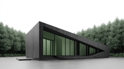 Fototapeta premium Geometric black house with diagonal cedar slats green tinted windows sidelit composition with long angular shadows realistic depth