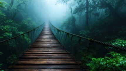 A captivating wooden bridge stretches across a serene fog-covered forest, embodying a sense of adventure and tranquility amidst sprawling greenery and mist.