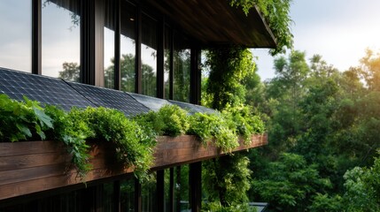 A stunning rooftop garden adorned with lush greenery and solar panels captures the essence of sustainability, merging nature with modern technology in an eco-friendly design.