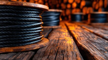 A close-up view of industrial black wire spools on wooden surfaces, highlighting the contrast of materials and suggesting themes of craftsmanship, industry, and rustic aesthetics in this artistic pho