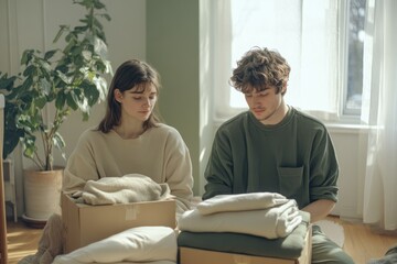 A young couple sits on the floor, carefully unpacking and sorting their belongings from moving boxes in a sunlit room.