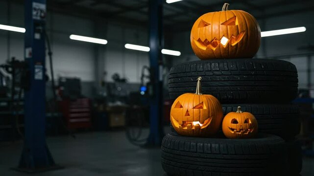 Halloween jack-o'-lanterns on tire stack in auto repair shop, seasonal decoration