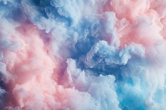 Abstract pastel pink and blue cloudscape resembling cotton candy, ethereal and dreamy.