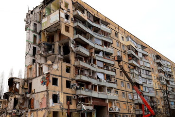 Russian missile strike on apartment building in Dnipro, Ukraine. Rocket destroyed house. Russia war...