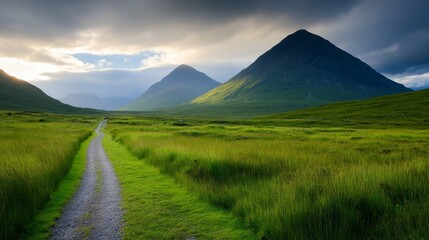 Naklejka premium Backpacking in the wilderness, large mountain range in background, dramatic lighting on grassy path
