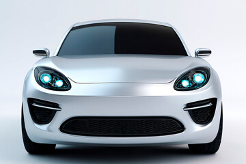 Futuristic white electric car with aerodynamic front design, blue LED headlights and black grille on light background, concept of modern eco-friendly automotive technology and style
