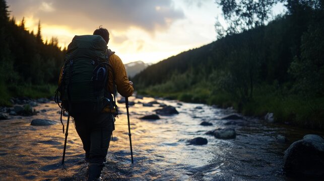 Backpacking in the wilderness, wild river crossing with hiking poles, raw nature and survival feel