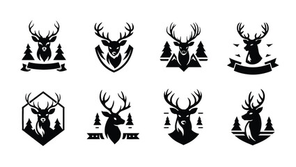 Fototapeta premium Vector art of a collection of eight vector logos featuring deer heads with antlers, isolated on white background