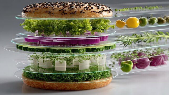 A holographic display of a vegan burger, with animated ingredient layers, white background