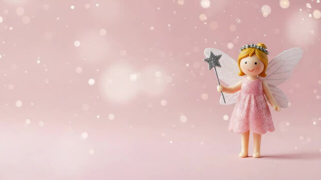 Tooth fairy figurine with wand on pink background, childhood fantasy symbol