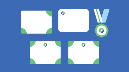 Vector art of a set of six minimalist certificate templates and a medal, featuring a clean design with green and blue accents