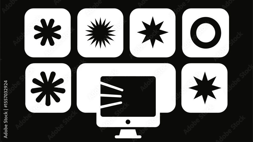 Poster vector art of a collection of various starburst shapes and a computer screen displaying light rays