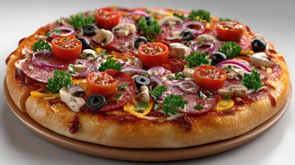 A 3D virtual model of a gourmet pizza, with zoomable topping details, white background