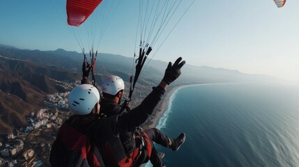 Extreme adventure trips, paragliding over scenic coastlines, adventurer mid-air with mountains in the background