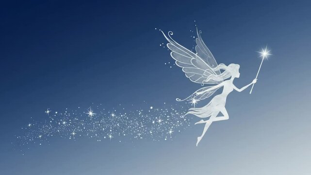 Flying fairy with silver wings, magical nighttime scene, tooth fairy day