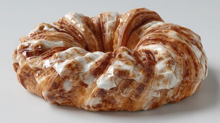A virtual showcase for a freshly baked croissant, with flaky texture visuals, white background
