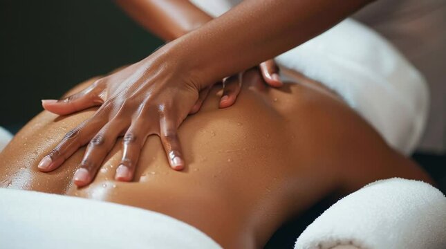 Slow motion promo video of a Black masseur massaging a back of African American woman. Black lady enjoying her day off in spa as she gets a professional therapy session