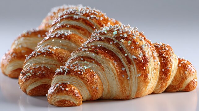A virtual showcase for a freshly baked croissant, with flaky texture visuals, white background