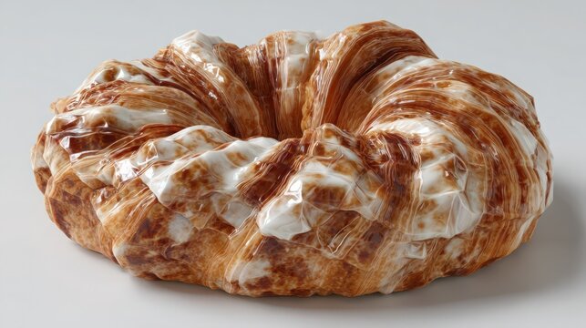 A virtual showcase for a freshly baked croissant, with flaky texture visuals, white background