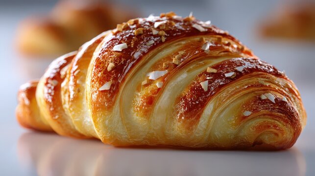 A virtual showcase for a freshly baked croissant, with flaky texture visuals, white background