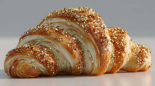 A virtual showcase for a freshly baked croissant, with flaky texture visuals, white background