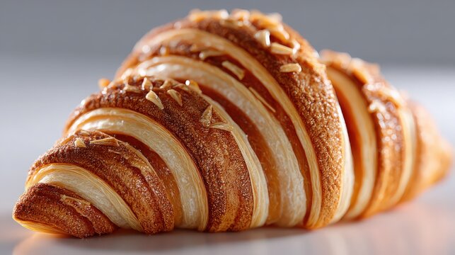 A virtual showcase for a freshly baked croissant, with flaky texture visuals, white background