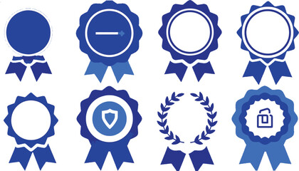 Vector art of collection of blue badges and awards with ribbons and security symbols, isolated on transparent background
