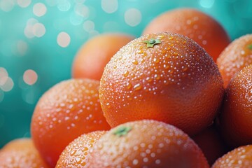 Close-up of a pile of juicy oranges glistening with water droplets against a teal bokeh background.