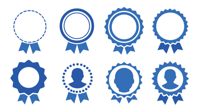 Vector art of a set of blue award badges with ribbons, isolated on transparent background