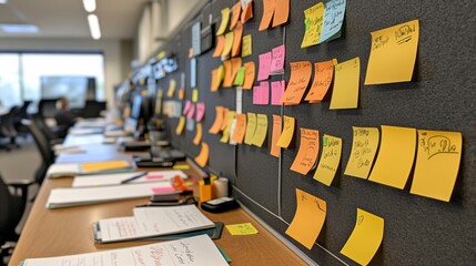 Innovative design thinking, design sprint board with sticky notes and iterative sketches,