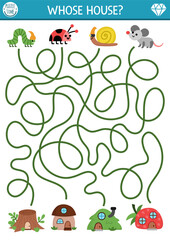 Dwarf maze for kids with animals and little woodland houses shaped as strawberry, mushroom. Gnome fairytale preschool printable activity with forest animals and home. Cute labyrinth game, puzzle