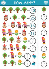 Dwarf how many game, equation or rebus. Magic forest or woodland math activity for school children. Simple printable counting worksheet for kids with gnome, owl, sunflower, tree