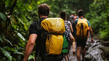 Naklejka premium Jungle trekking travel, exotic wildlife watching travelers, immersive green tones and moisture