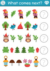 What comes next. Dwarf logical activity for preschool children with gnome, leaf, tree, owl, frog. Magic forest logic succession worksheet. Woodland fairytale continue the row game