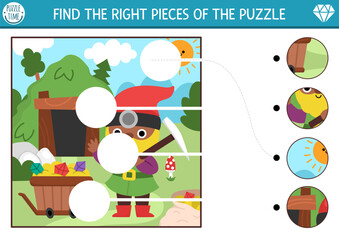 Obraz premium Matching activity with cute landscape with dwarf miner, mine shaft, gems. Fairytale puzzle, worksheet. Complete the scene. Fantasy woods match up game. Find missing parts of picture