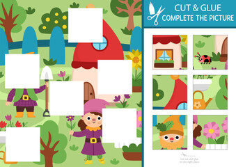 Fototapeta premium Vector dwarf cut and glue activity. Magic forest crafting game with cute gnomes and garden landscape. Fill up scene with square sticker. Find right piece of puzzle. Complete picture