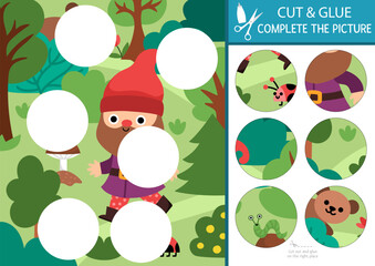 Vector dwarf cut and glue activity. Magic forest crafting game with cute gnome and woodland landscape. Fill up scene with round sticker. Find right piece of puzzle. Complete picture
