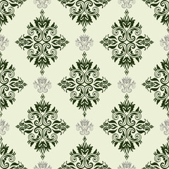 Green Damask Pattern Vintage Wallpaper Design - Classic Damask Pattern Cream Background - Elegant Traditional Damask Pattern Baroque Interior Decor