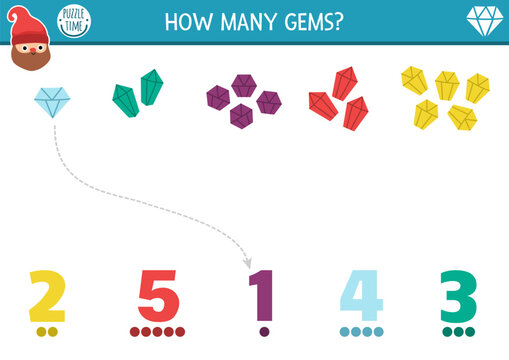 Match the numbers dwarf game. Magic forest or gnome activity for kids with gems. Fairytale counting worksheet. Simple number matching math game with ruby, emerald, crystal, diamond