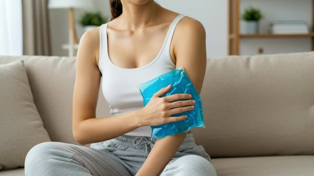 Woman applying blue cold compress on shoulder, home recovery comfort care