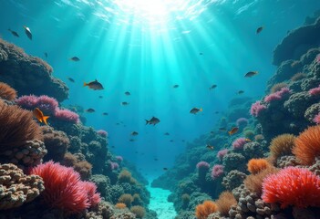 Naklejka premium vibrant colorful coral reef ecosystem supporting diverse fish species underwater scene, sea, diversity, marine, flora, fauna, aquatic, nature, habitat