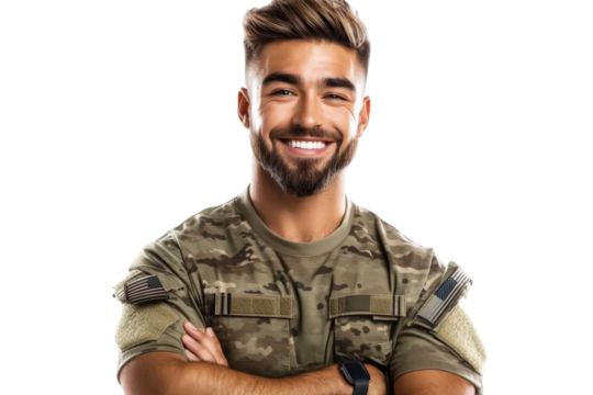 Confident Young Military Man in Camouflage Uniform Smiling with Arms Crossed and Embracing a Positive Attitude in a Studio Setting with Perfect Lighting - Powered by Adobe
