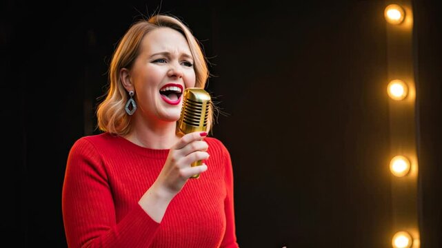 A woman deeply feels the music, singing with closed eyes into a vintage gold microphone illuminated by warm lights.